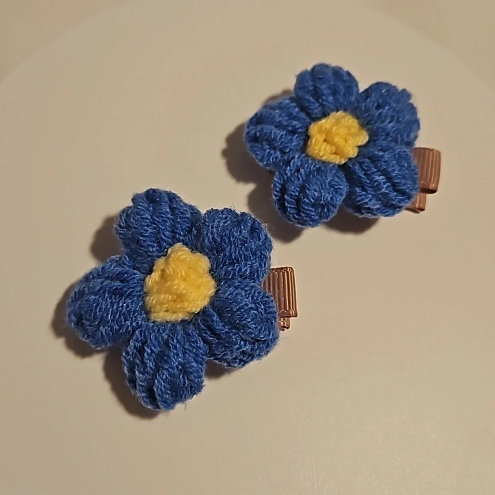 Hand Crafted Hand Knit Crochet Blue & Yellow Puffy Flowers 2-Set handmade clips